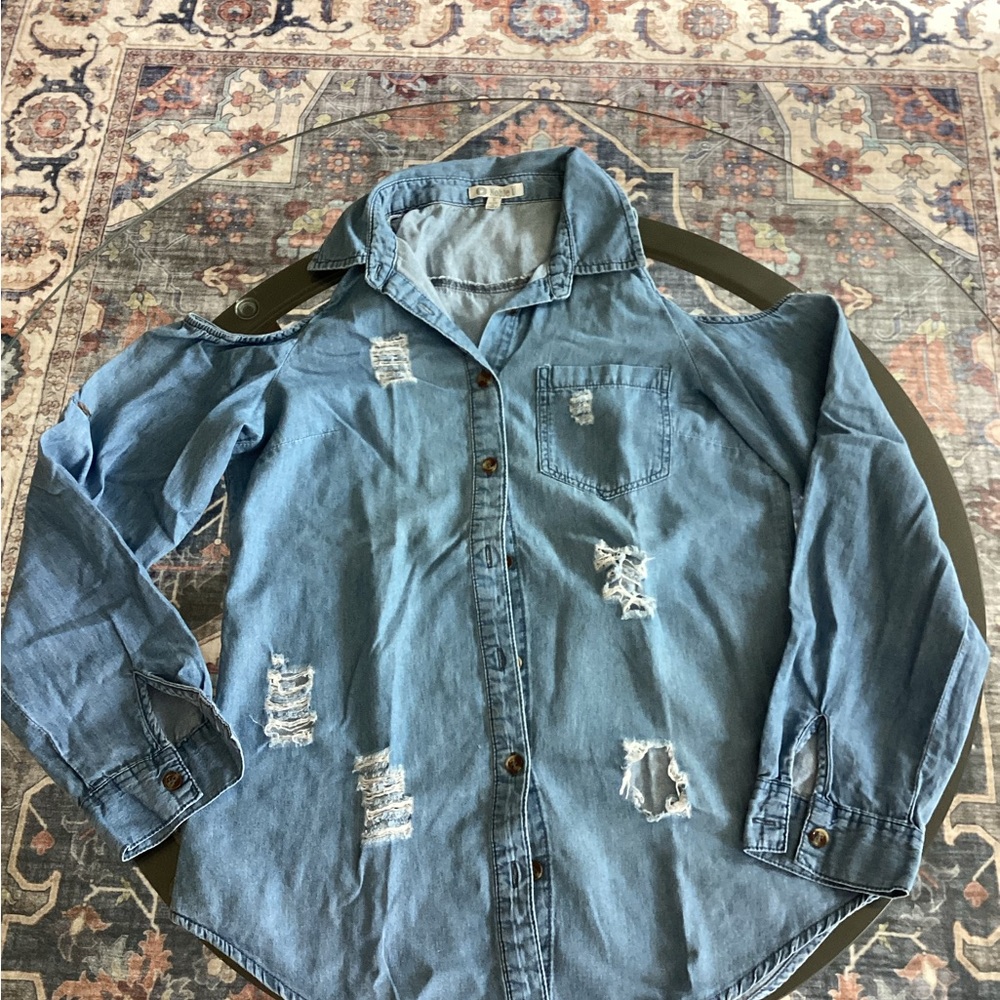 Distressed Denim Shirt with Cut-Out Shoulders
